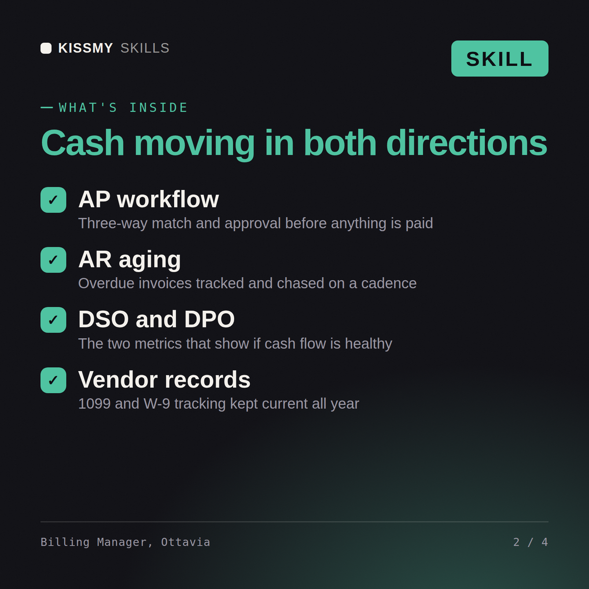 What's inside the Billing Manager, Ottavia AI skill: AP workflow, AR aging, DSO and DPO, Vendor records