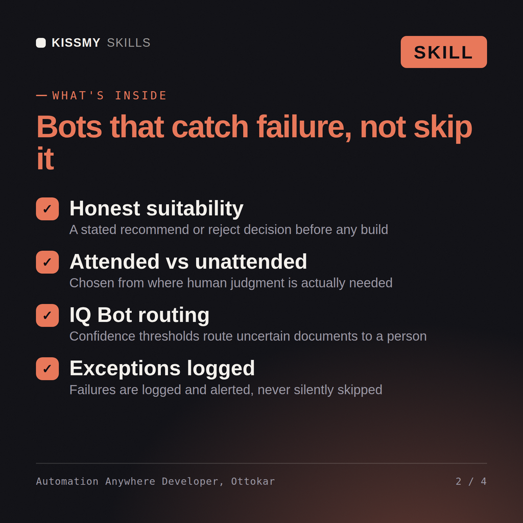 What's inside the Automation Anywhere Developer, Ottokar AI skill: Honest suitability, Attended vs unattended, IQ Bot routing, Exceptions logged