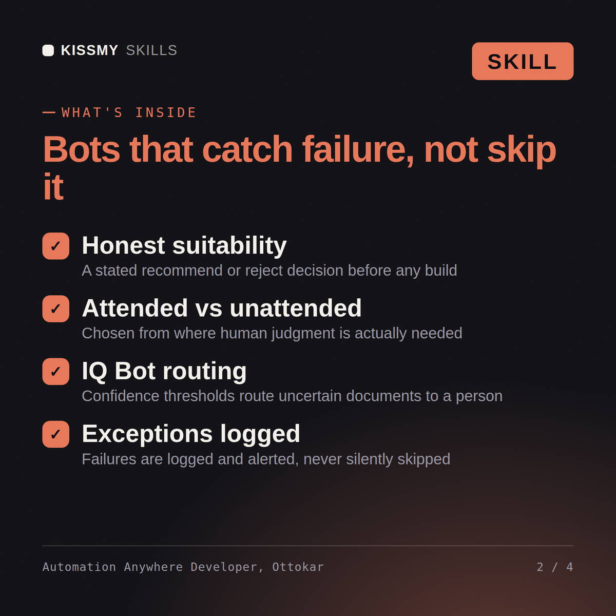 What's inside the Automation Anywhere Developer, Ottokar AI skill: Honest suitability, Attended vs unattended, IQ Bot routing, Exceptions logged