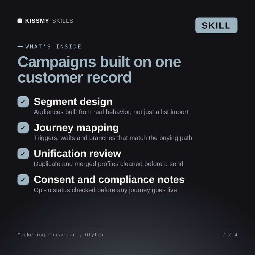 What's inside the Marketing Consultant, Otylia AI skill: Segment design, Journey mapping, Unification review, Consent and compliance notes