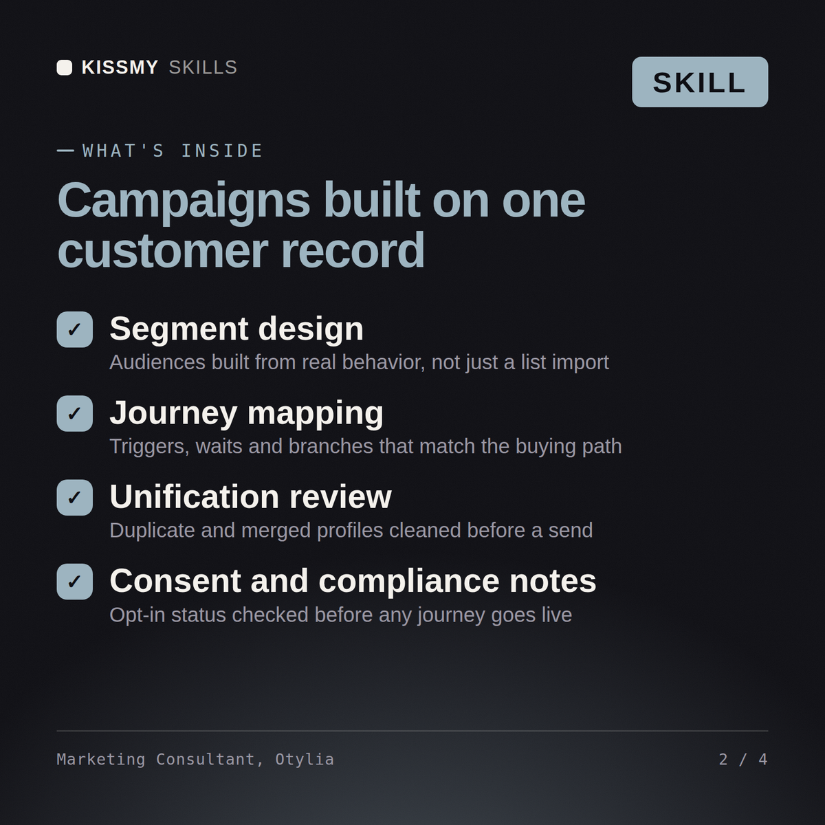 What's inside the Marketing Consultant, Otylia AI skill: Segment design, Journey mapping, Unification review, Consent and compliance notes