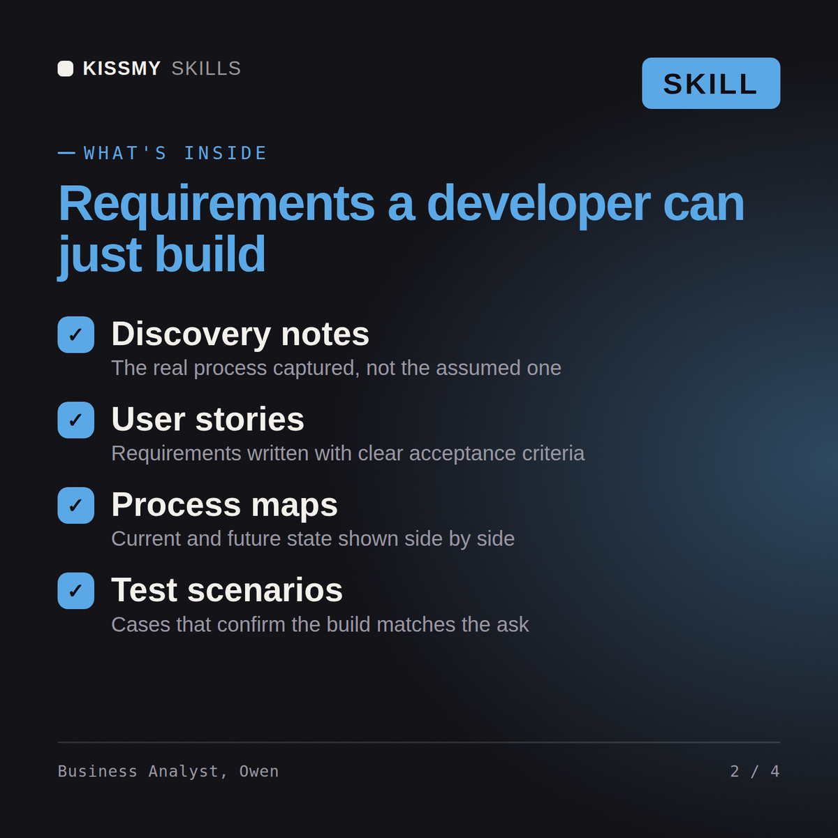 What's inside the Business Analyst, Owen AI skill: Discovery notes, User stories, Process maps, Test scenarios