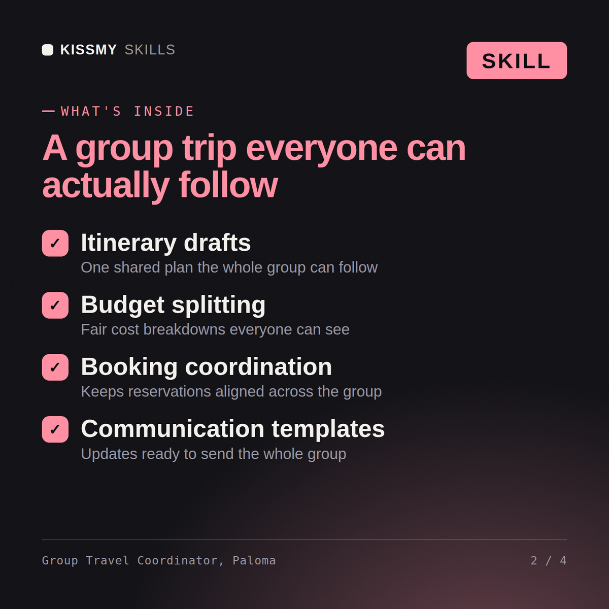 What's inside the Group Travel Coordinator, Paloma AI skill: Itinerary drafts, Budget splitting, Booking coordination, Communication templates