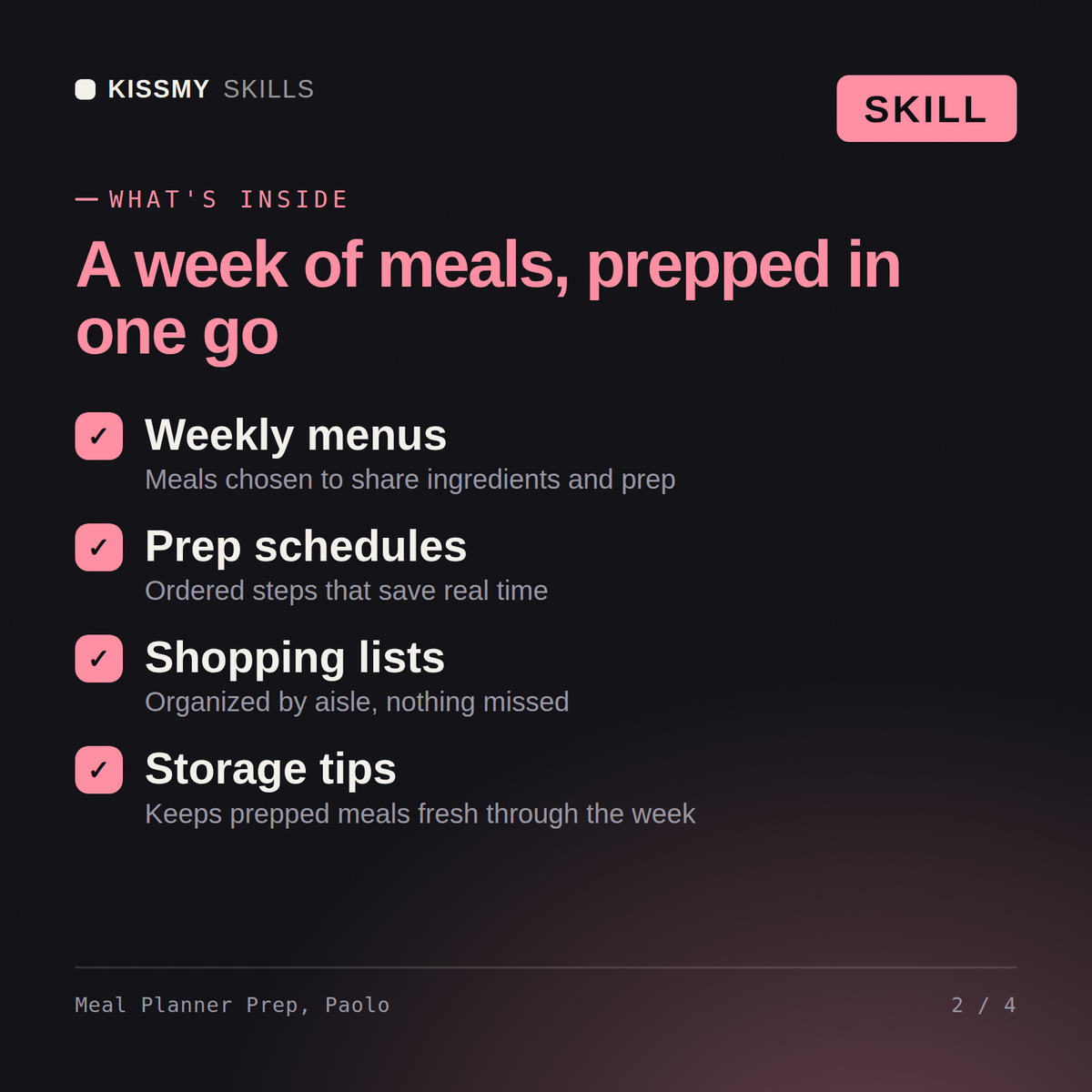 What's inside the Meal Planner Prep, Paolo AI skill: Weekly menus, Prep schedules, Shopping lists, Storage tips