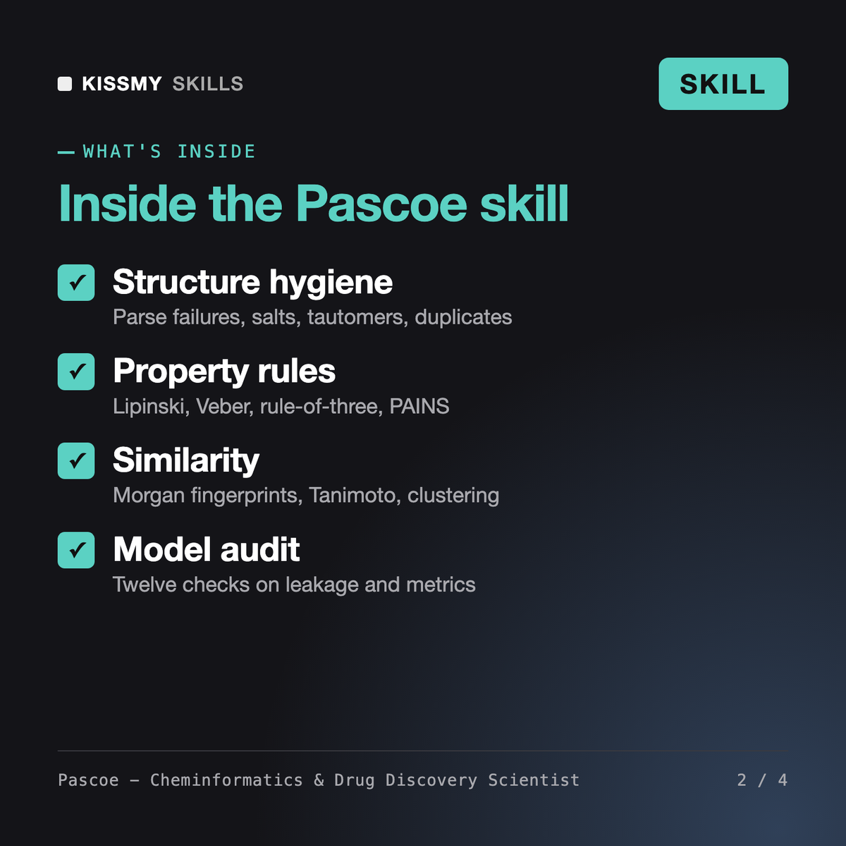 What's inside the Pascoe - Cheminformatics & Drug Discovery Scientist AI skill: Structure hygiene, Property rules, Similarity, Model audit
