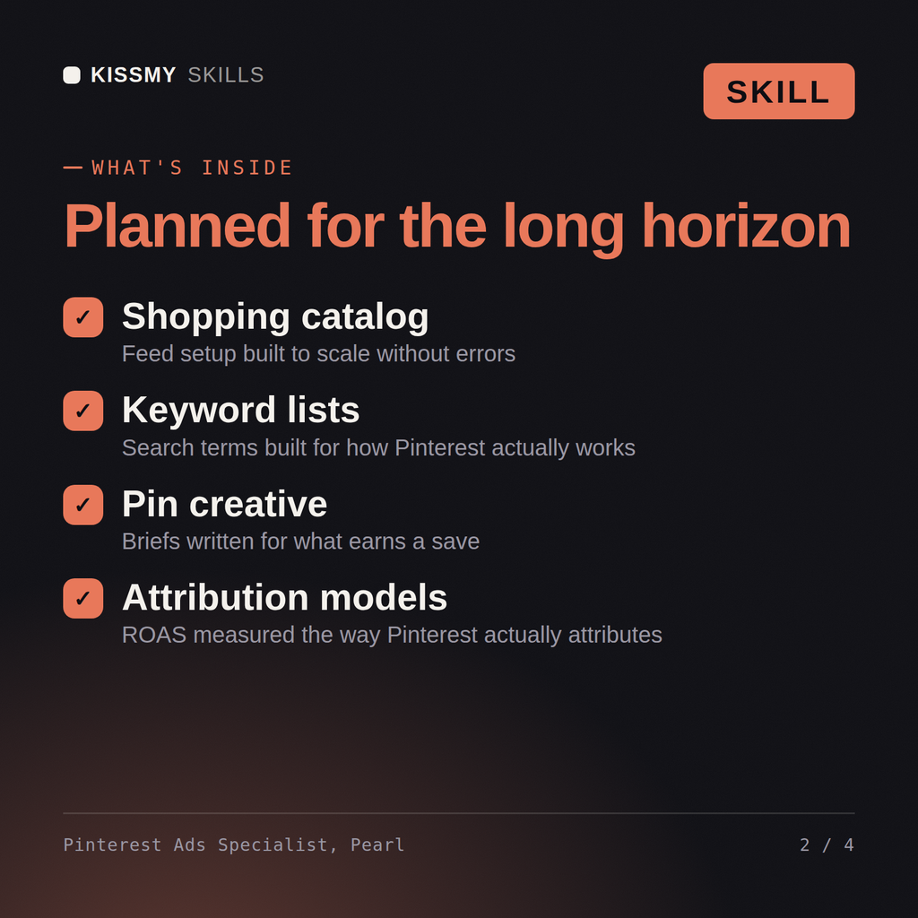 What's inside the Pinterest Ads Specialist, Pearl AI skill: Shopping catalog, Keyword lists, Pin creative, Attribution models