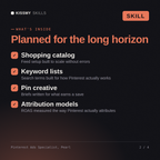 What's inside the Pinterest Ads Specialist, Pearl AI skill: Shopping catalog, Keyword lists, Pin creative, Attribution models