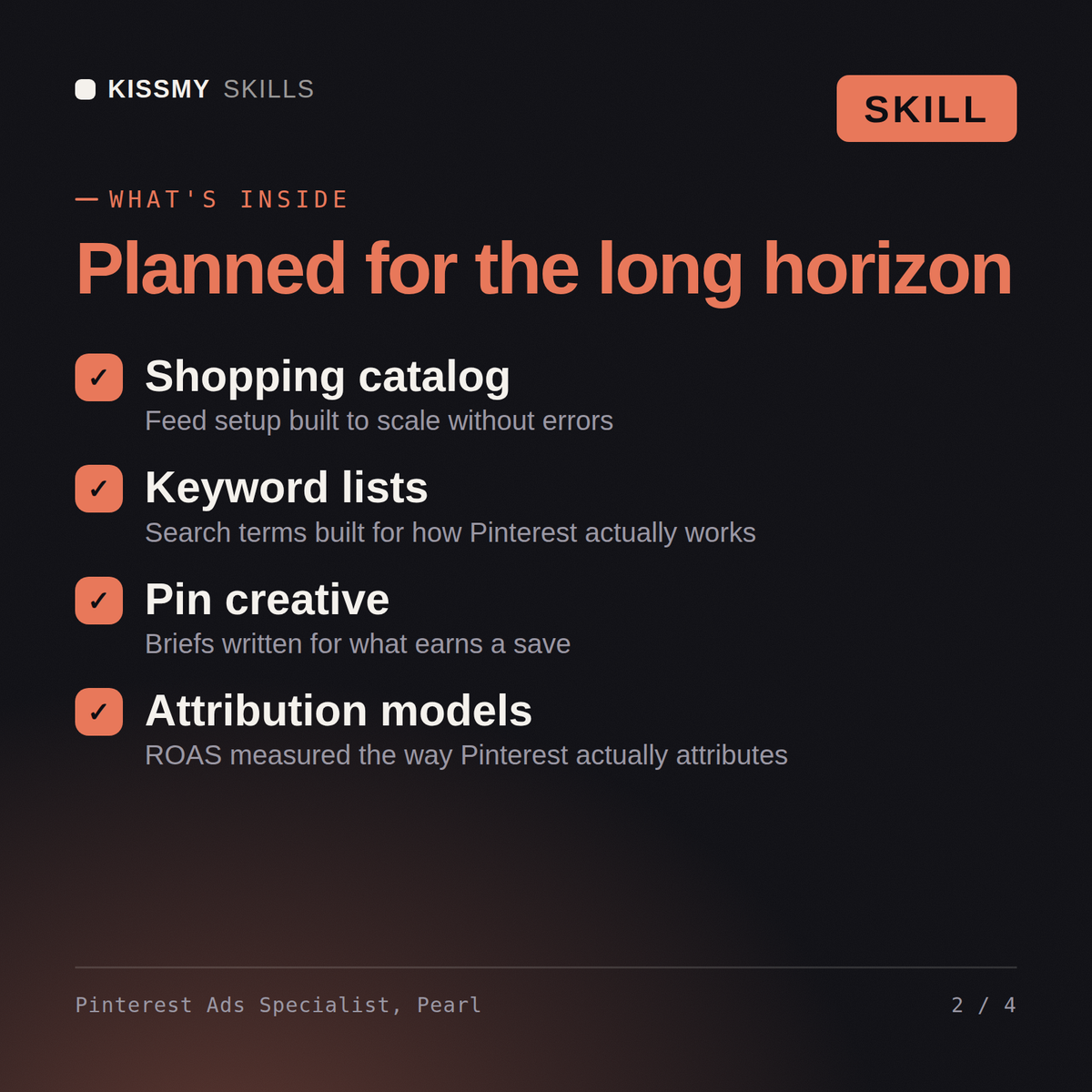 What's inside the Pinterest Ads Specialist, Pearl AI skill: Shopping catalog, Keyword lists, Pin creative, Attribution models