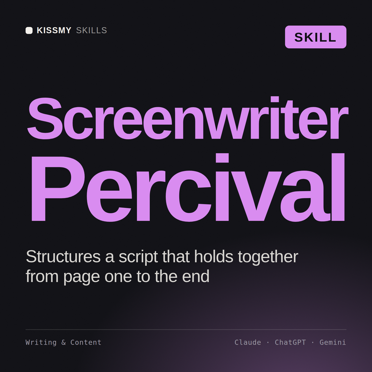 Screenwriter, Percival AI skill by KissMySkills, cover