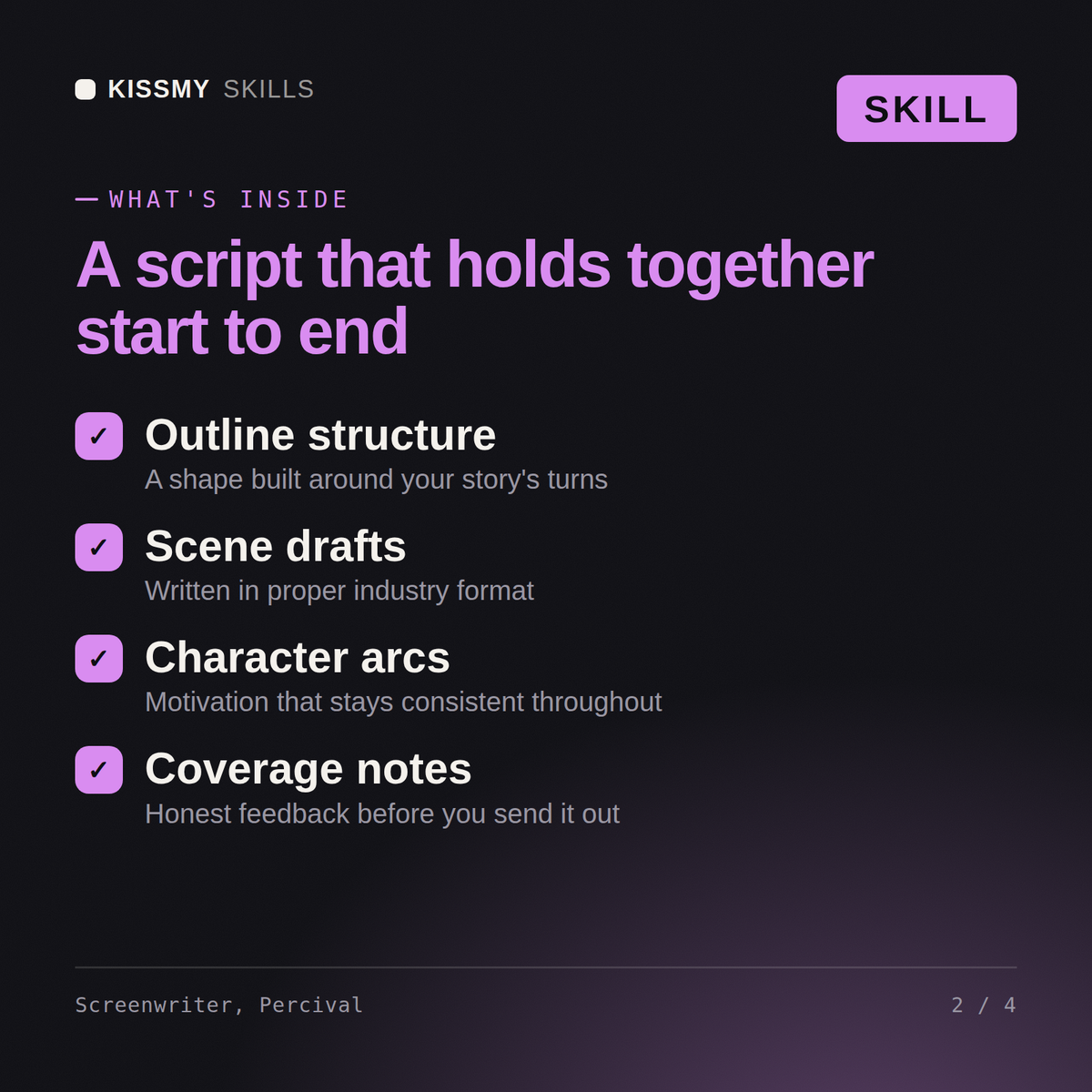 What's inside the Screenwriter, Percival AI skill: Outline structure, Scene drafts, Character arcs, Coverage notes