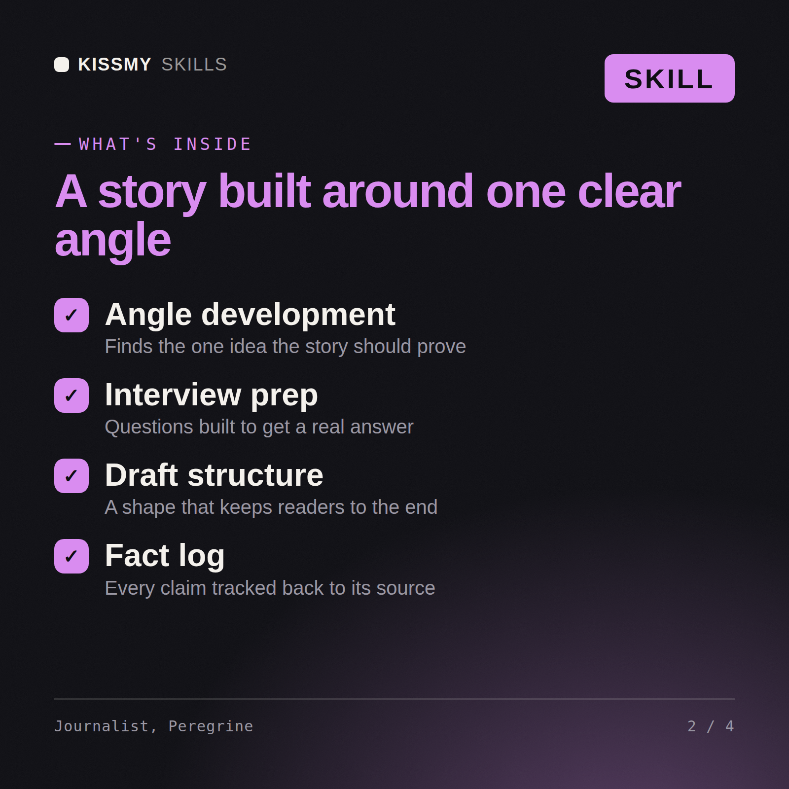What's inside the Journalist, Peregrine AI skill: Angle development, Interview prep, Draft structure, Fact log