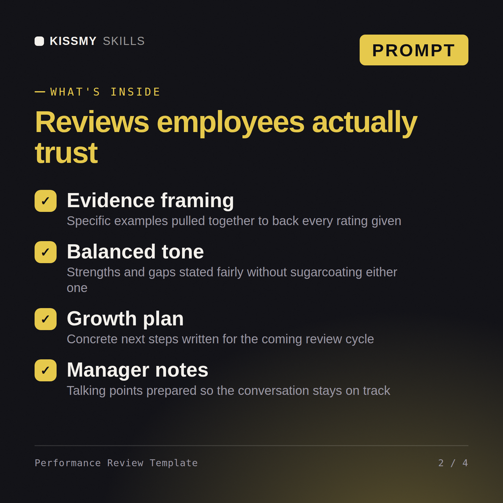 What's inside the Performance Review Template AI prompt: Evidence framing, Balanced tone, Growth plan, Manager notes