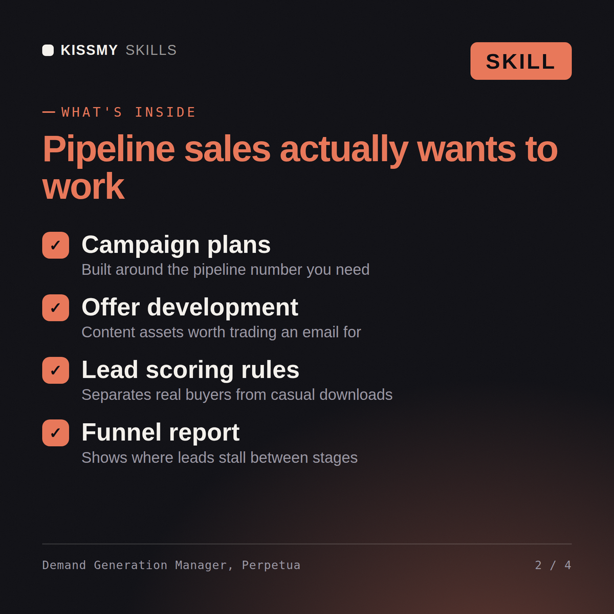 What's inside the Demand Generation Manager, Perpetua AI skill: Campaign plans, Offer development, Lead scoring rules, Funnel report