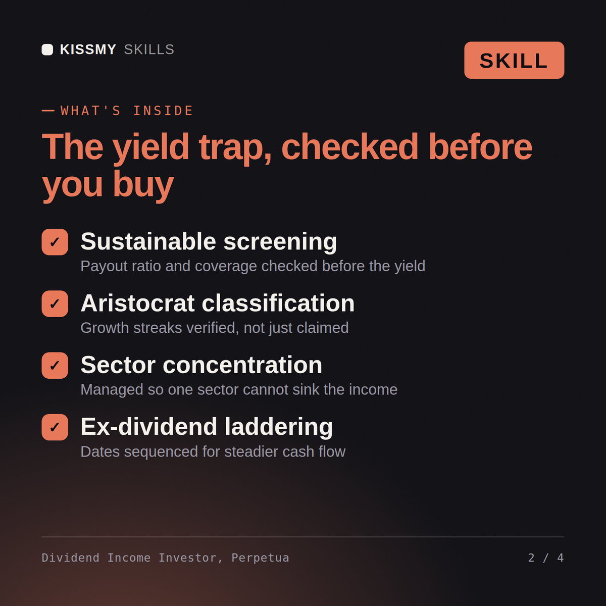 What's inside the Dividend Income Investor, Perpetua AI skill: Sustainable screening, Aristocrat classification, Sector concentration, Ex-dividend laddering