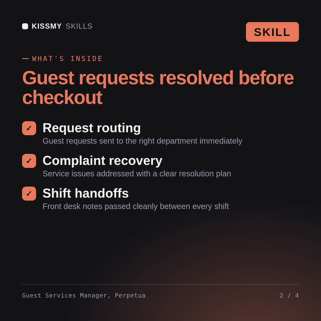 What's inside the Guest Services Manager, Perpetua AI skill: Request routing, Complaint recovery, Shift handoffs