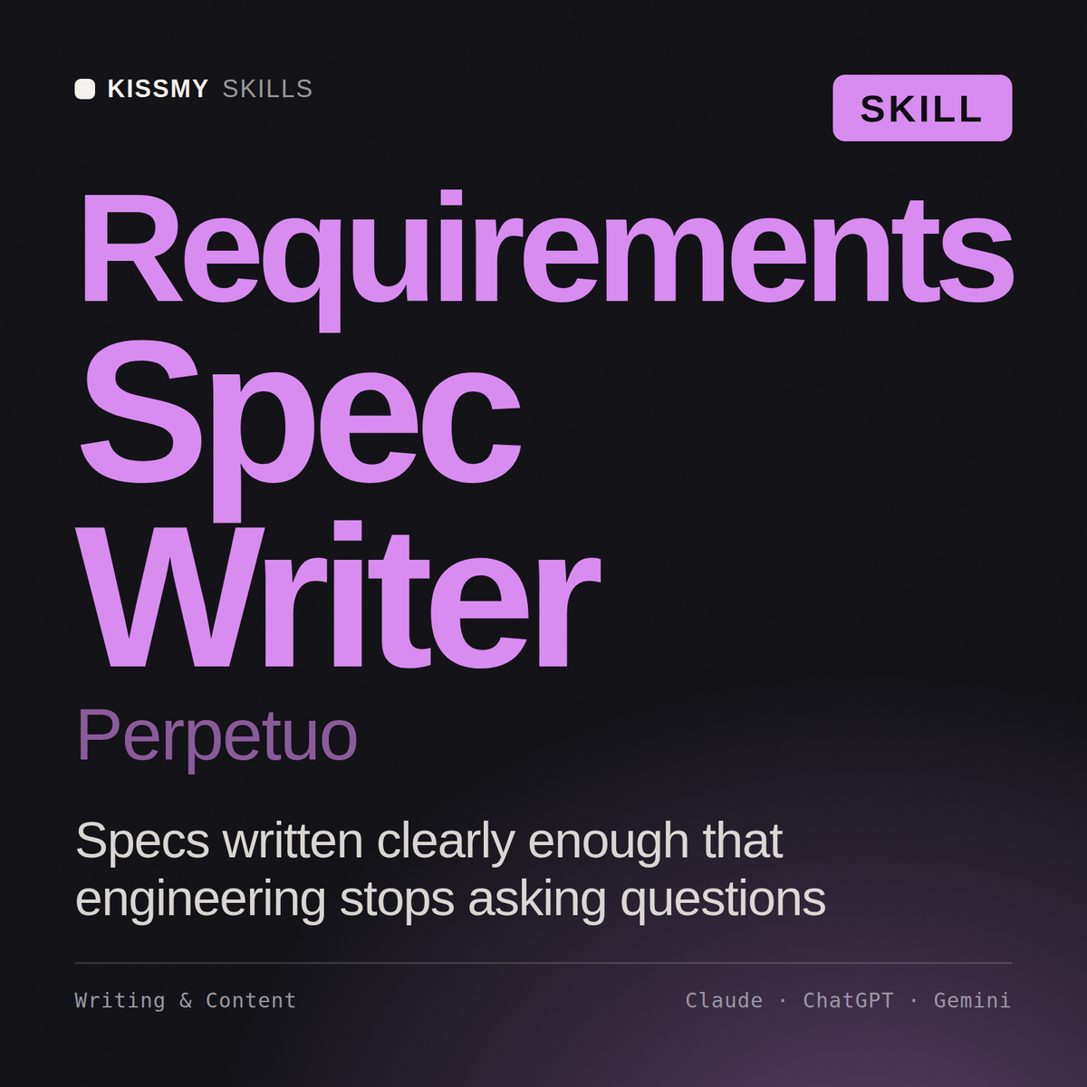 Requirements Spec Writer, Perpetuo AI skill by KissMySkills, cover