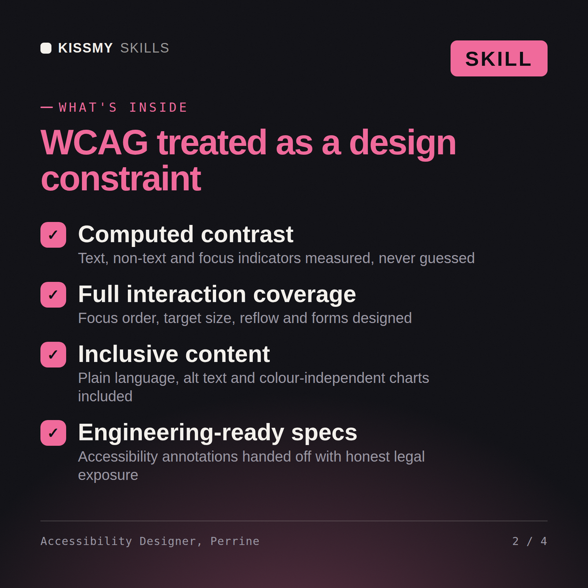 What's inside the Accessibility Designer, Perrine AI skill: Computed contrast, Full interaction coverage, Inclusive content, Engineering-ready specs