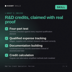 What's inside the R&D Tax Credit Specialist, Perrine AI skill: Four-part test, Qualified expense tracking, Documentation building, Credit calculation