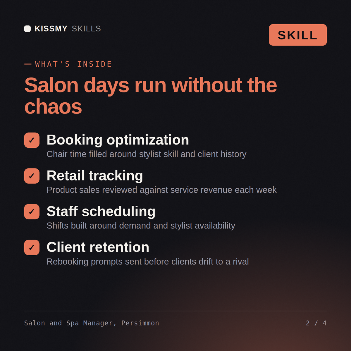 What's inside the Salon and Spa Manager, Persimmon AI skill: Booking optimization, Retail tracking, Staff scheduling, Client retention