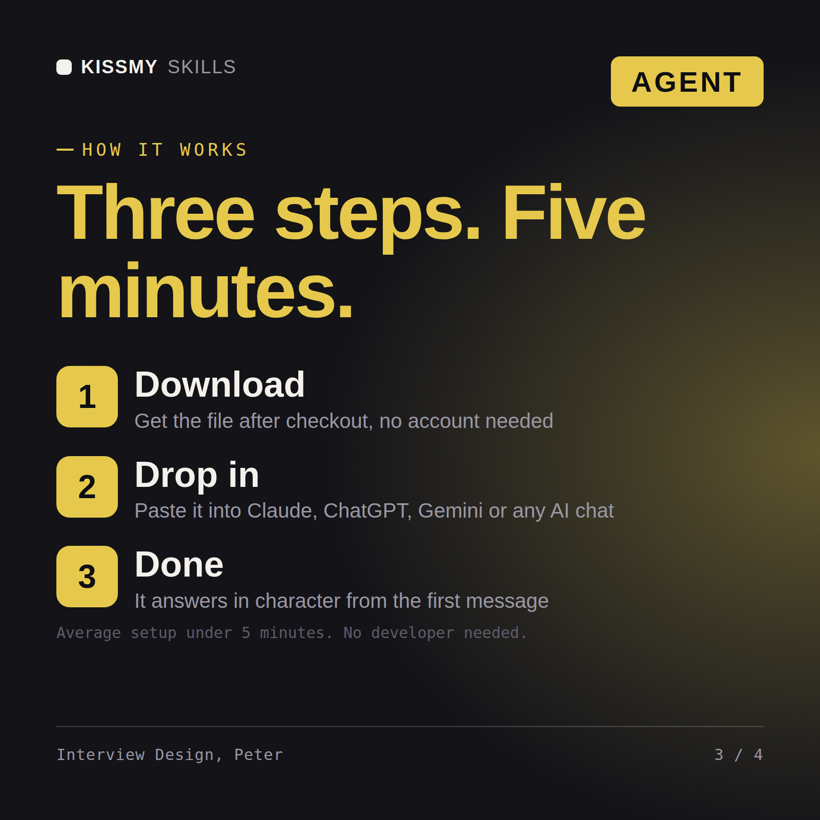 How the Interview Design, Peter AI agent works in three steps: download, drop it into your AI chat, done