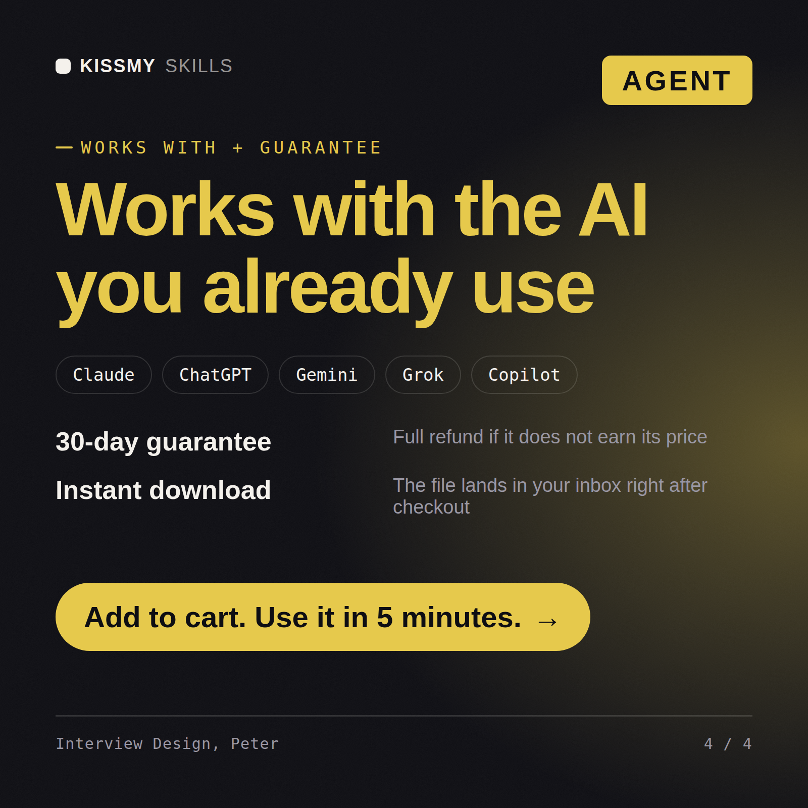 The Interview Design, Peter AI agent works with Claude, ChatGPT, Gemini and any AI chat, 30-day money-back guarantee