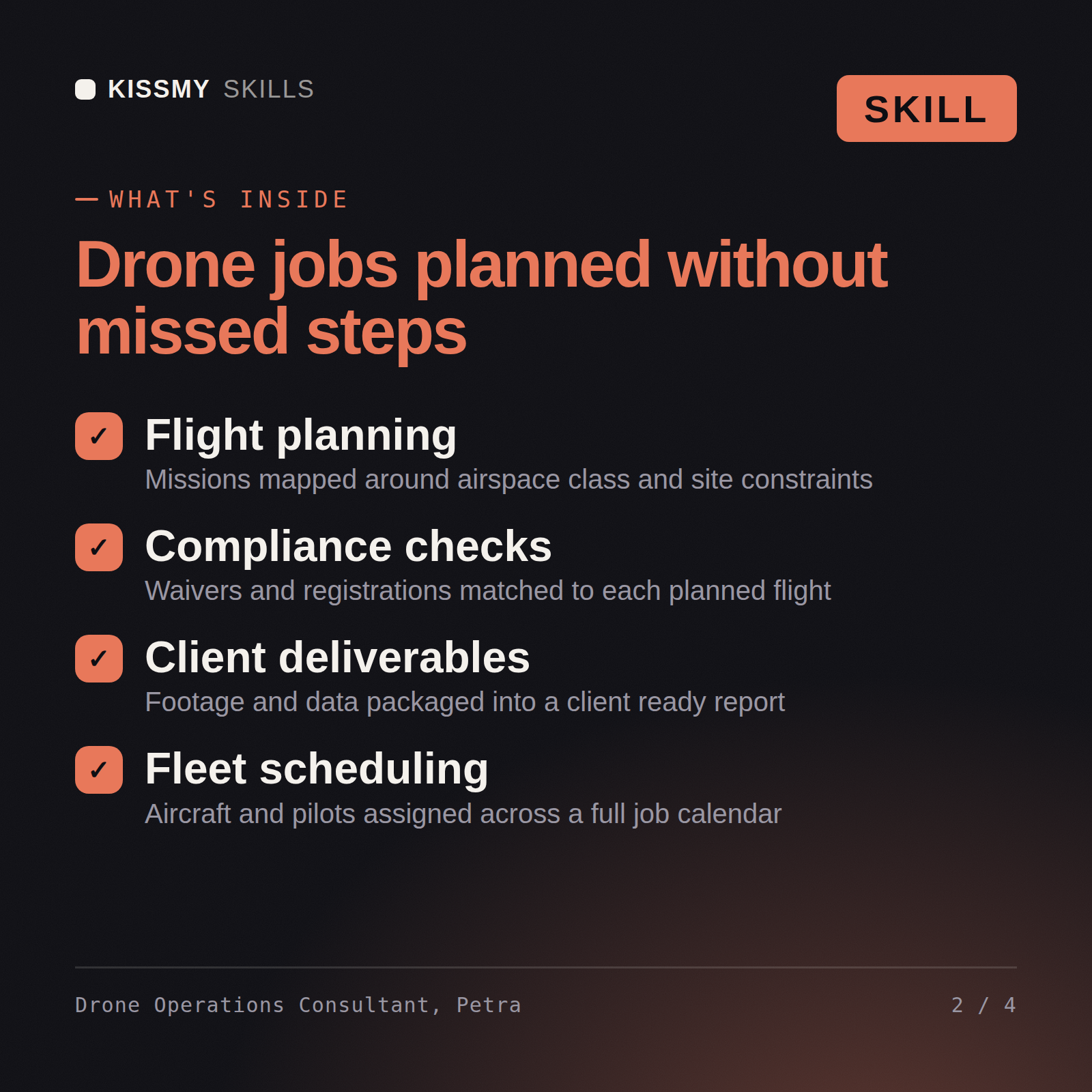 What's inside the Drone Operations Consultant, Petra AI skill: Flight planning, Compliance checks, Client deliverables, Fleet scheduling