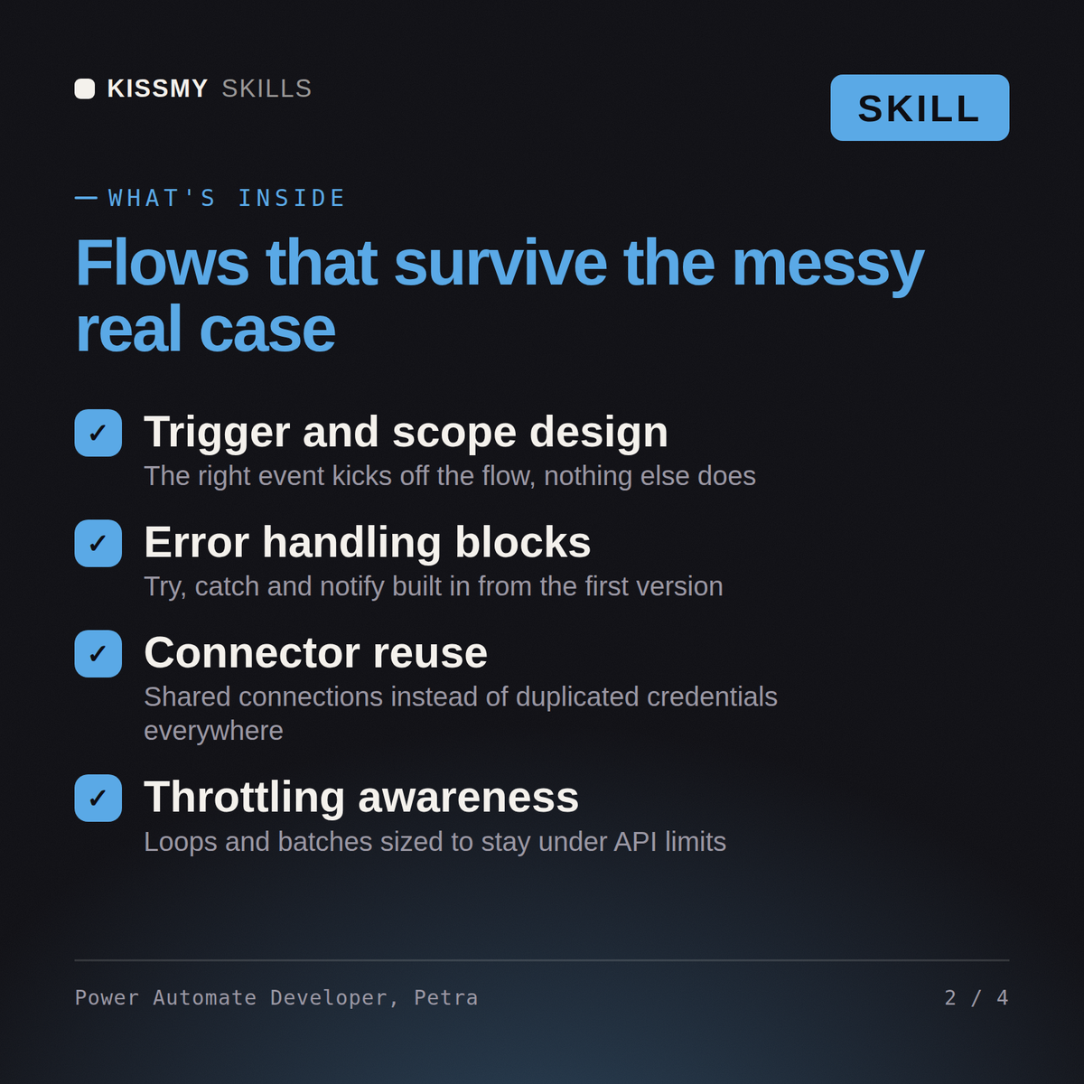 What's inside the Power Automate Developer, Petra AI skill: Trigger and scope design, Error handling blocks, Connector reuse, Throttling awareness