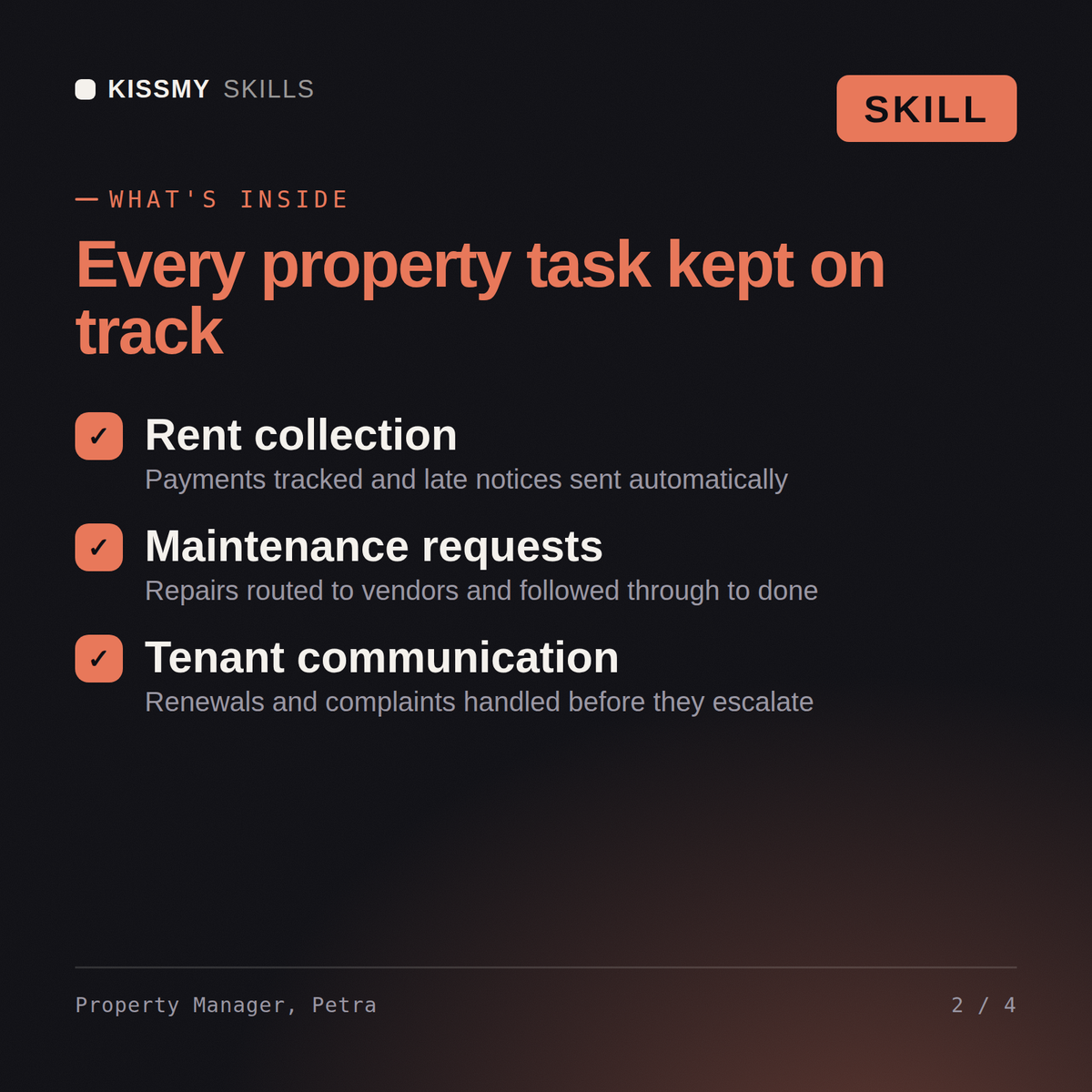 What's inside the Property Manager, Petra AI skill: Rent collection, Maintenance requests, Tenant communication