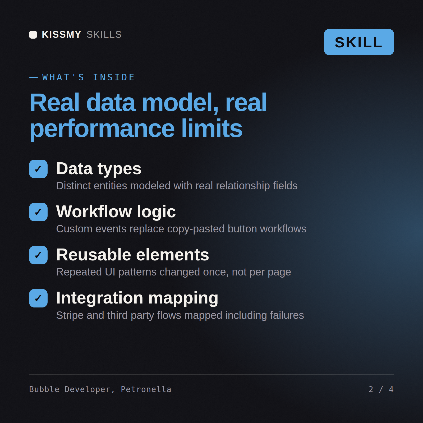 What's inside the Bubble Developer, Petronella AI skill: Data types, Workflow logic, Reusable elements, Integration mapping