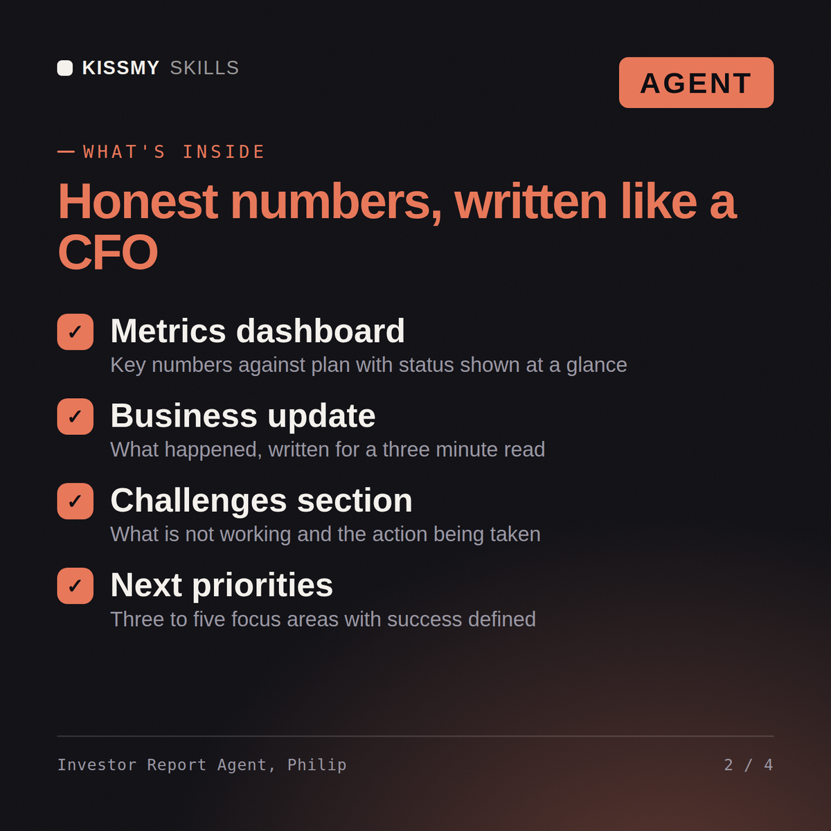 What's inside the Investor Report Agent, Philip AI agent: Metrics dashboard, Business update, Challenges section, Next priorities