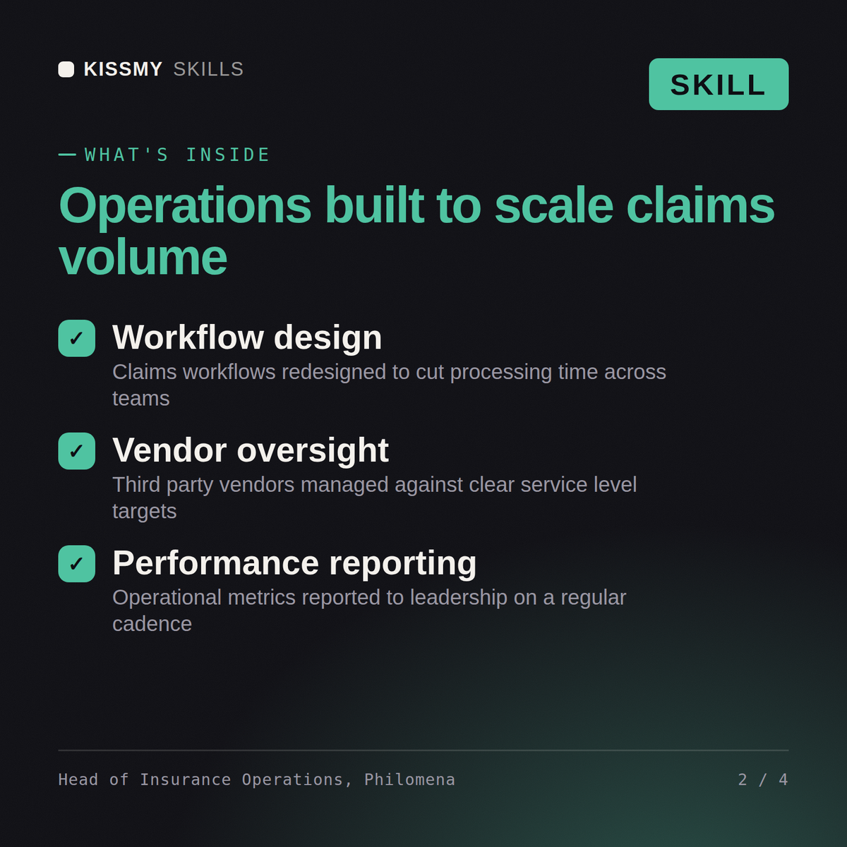 What's inside the Head of Insurance Operations, Philomena AI skill: Workflow design, Vendor oversight, Performance reporting