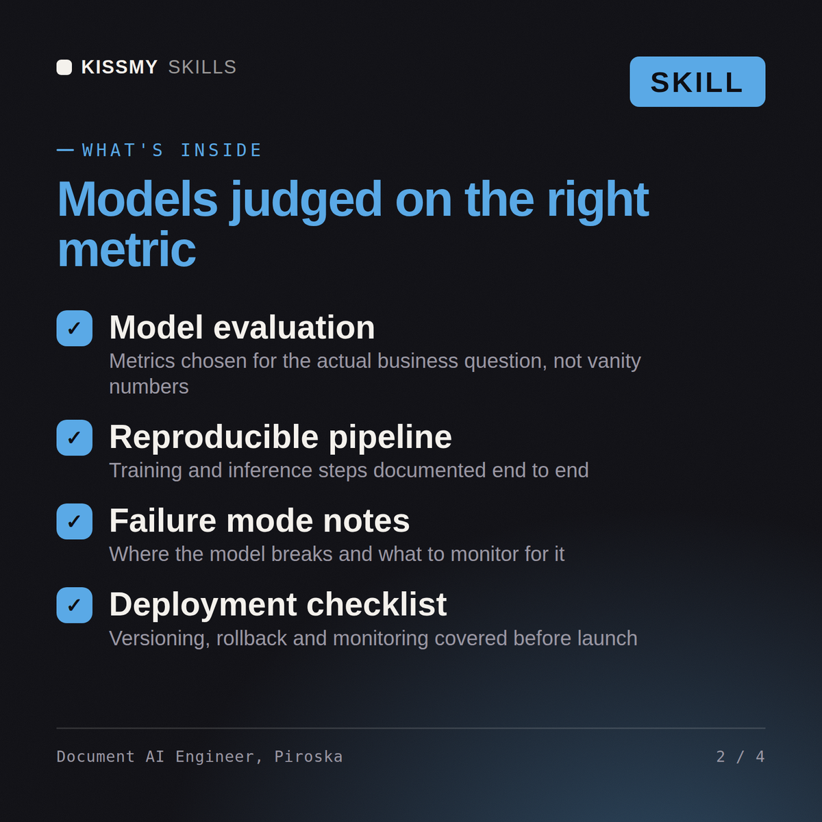 What's inside the Document AI Engineer, Piroska AI skill: Model evaluation, Reproducible pipeline, Failure mode notes, Deployment checklist