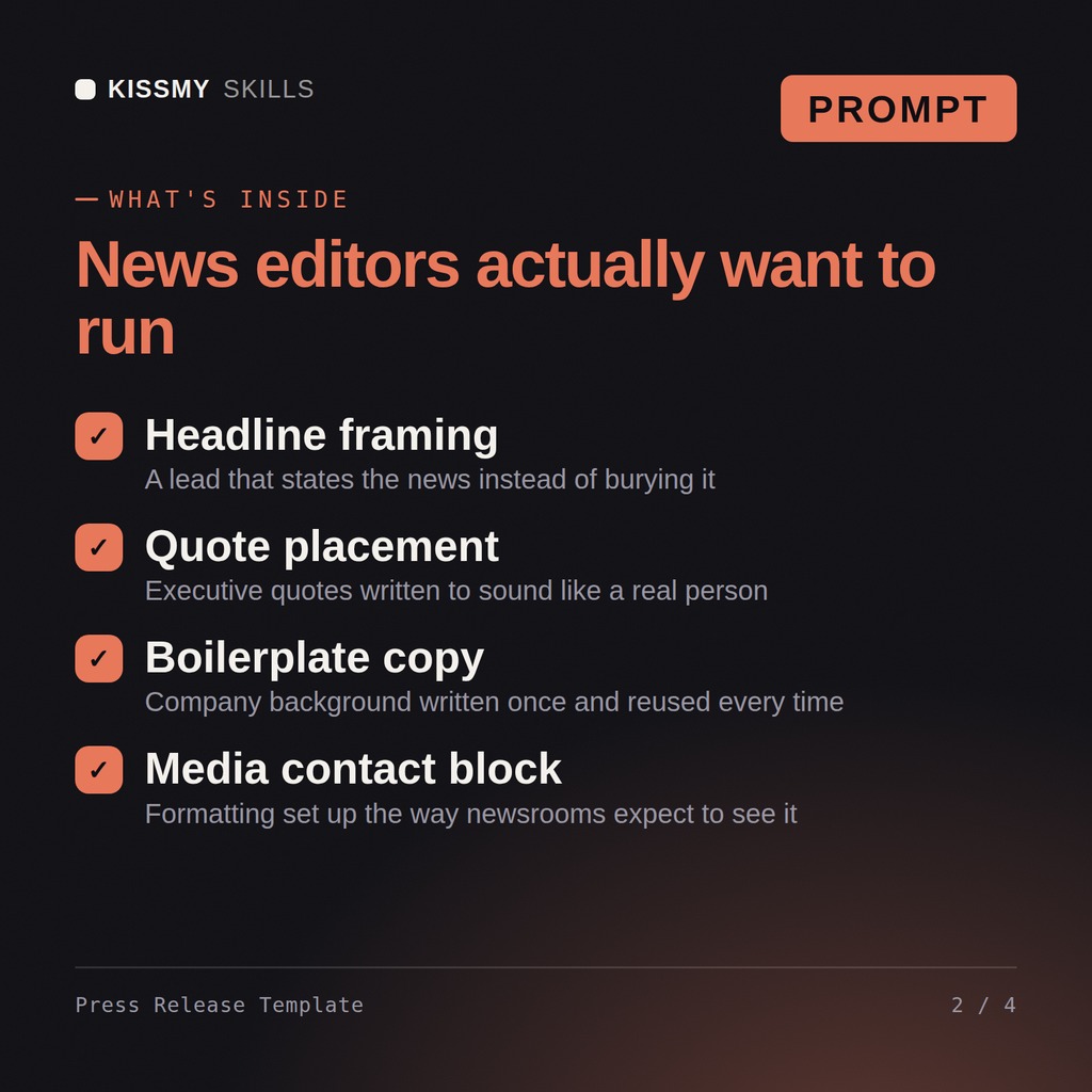 What's inside the Press Release Template AI prompt: Headline framing, Quote placement, Boilerplate copy, Media contact block
