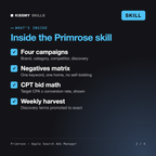 What's inside the Primrose - Apple Search Ads Manager AI skill: Four campaigns, Negatives matrix, CPT bid math, Weekly harvest