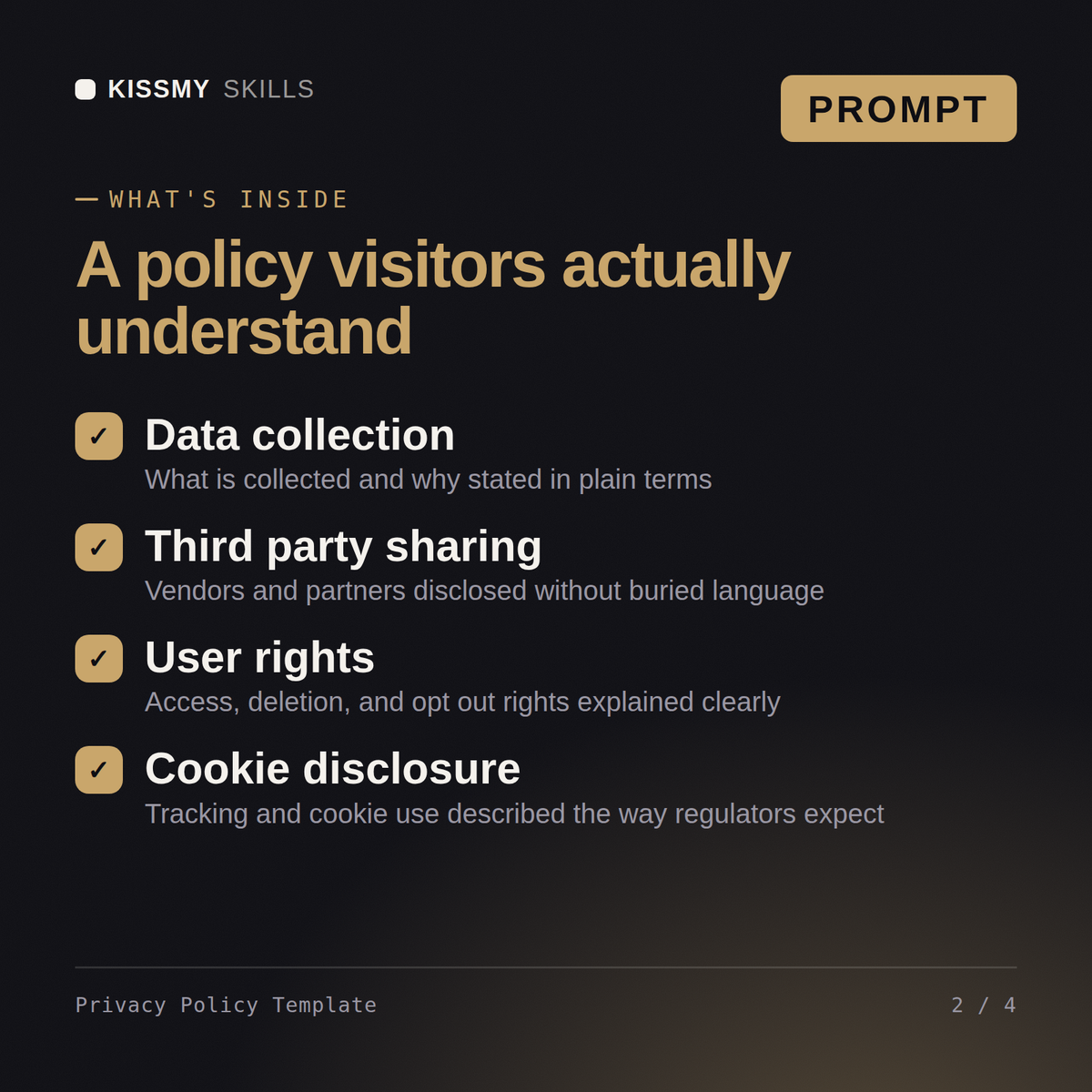 What's inside the Privacy Policy Template AI prompt: Data collection, Third party sharing, User rights, Cookie disclosure