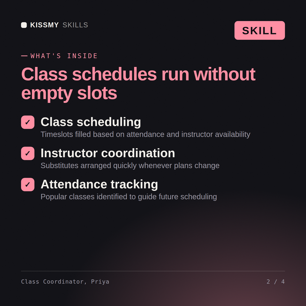 What's inside the Class Coordinator, Priya AI skill: Class scheduling, Instructor coordination, Attendance tracking