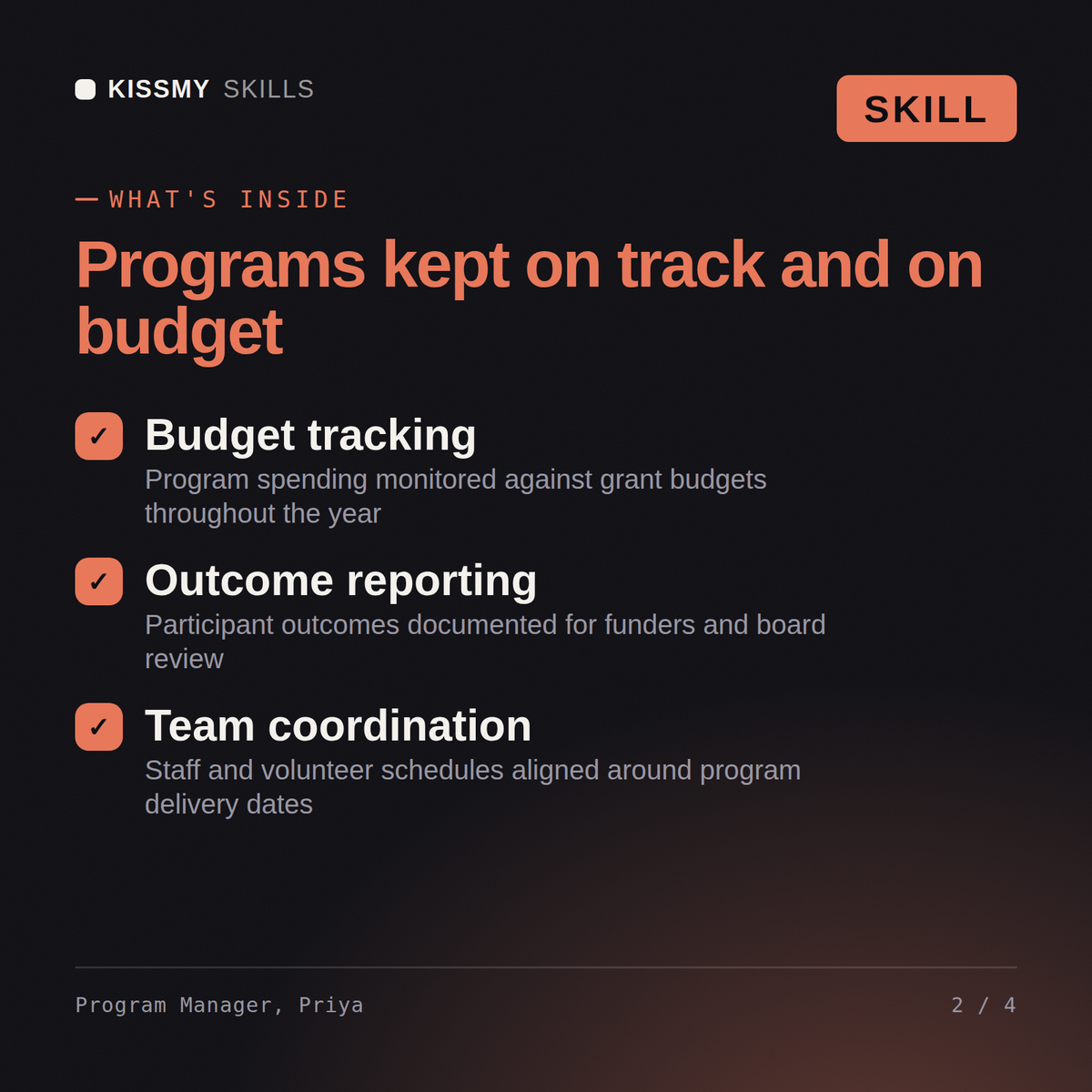 What's inside the Program Manager, Priya AI skill: Budget tracking, Outcome reporting, Team coordination