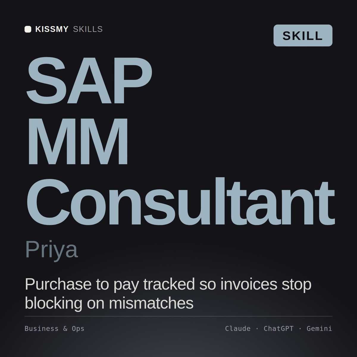 SAP MM Consultant, Priya AI skill by KissMySkills, cover