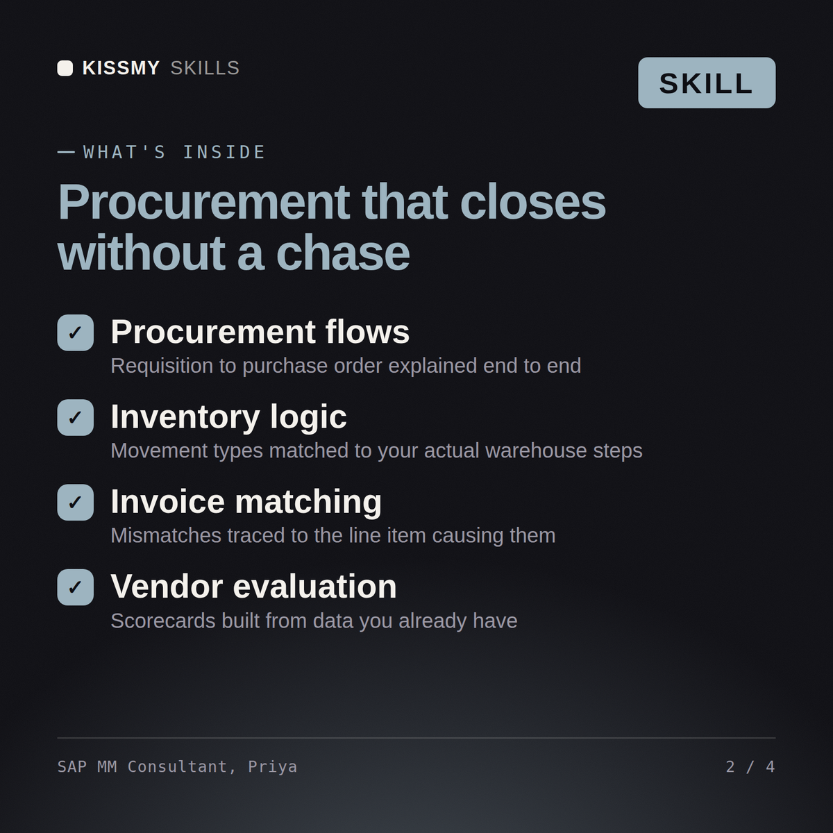 What's inside the SAP MM Consultant, Priya AI skill: Procurement flows, Inventory logic, Invoice matching, Vendor evaluation