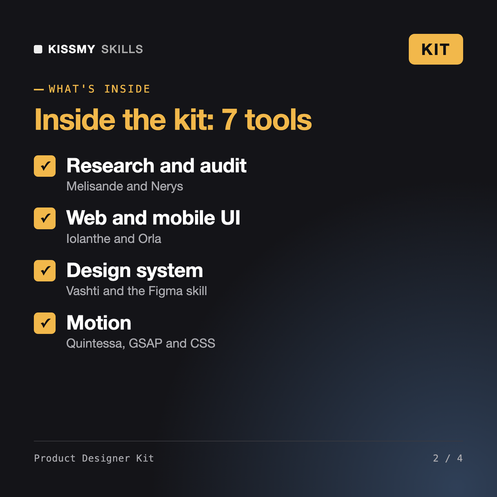 What's inside the Product Designer Kit: Research and audit, Web and mobile UI, Design system, Motion
