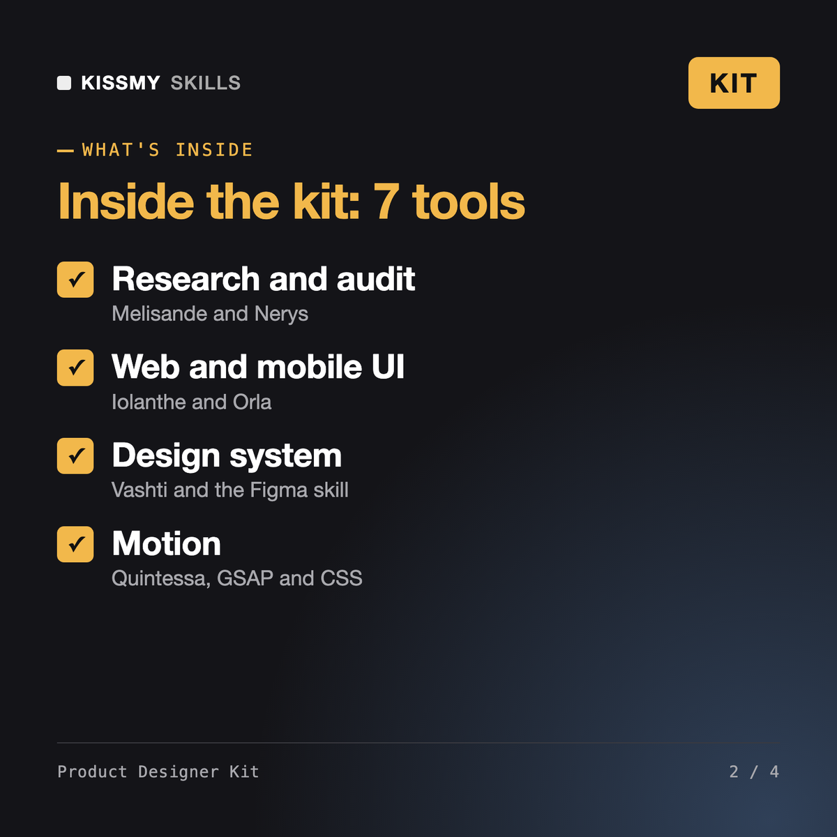 What's inside the Product Designer Kit: Research and audit, Web and mobile UI, Design system, Motion