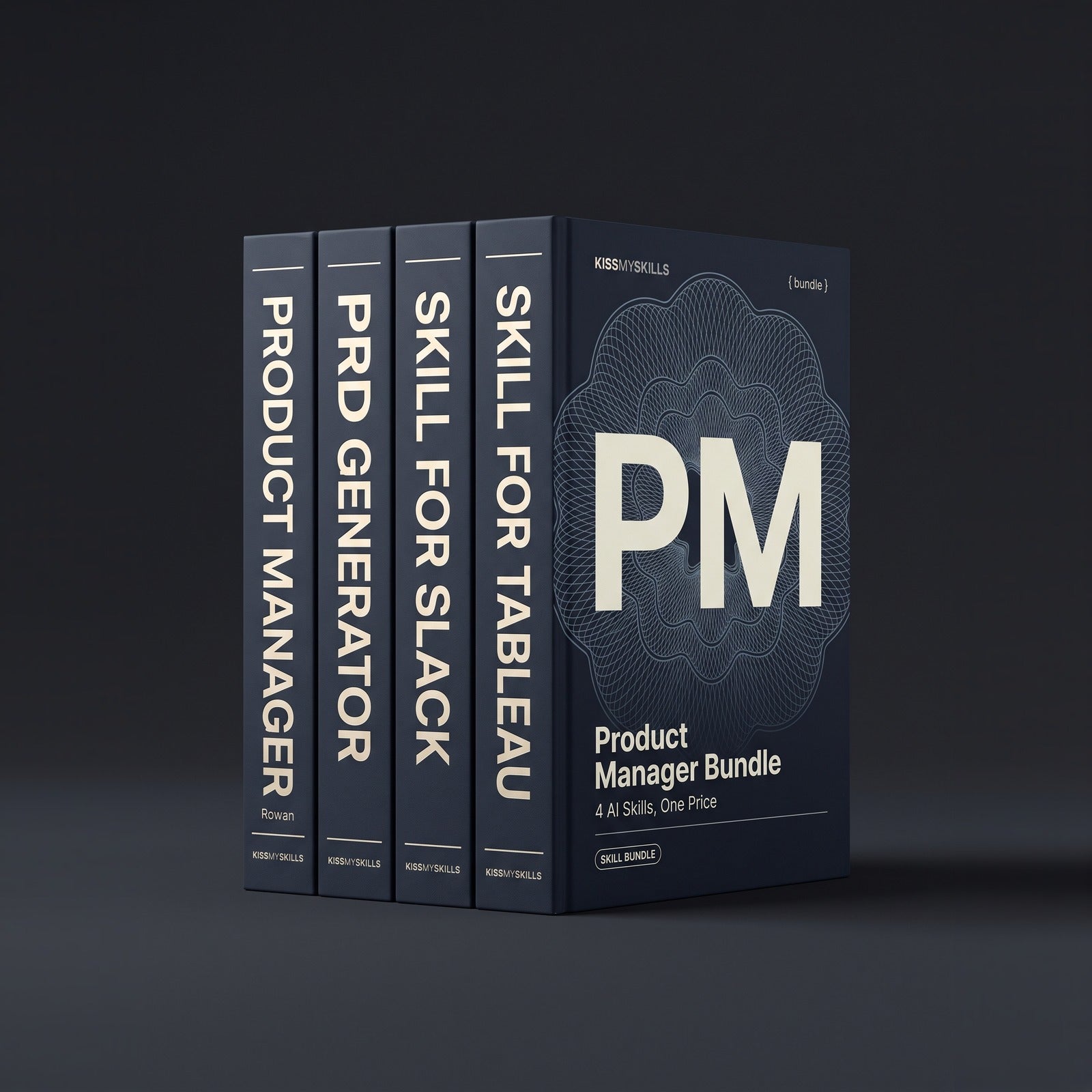 Product Manager Bundle by KissMySkills, hardcover volumes titled Product Manager, PRD Generator, Skill for Slack and Skill for Tableau