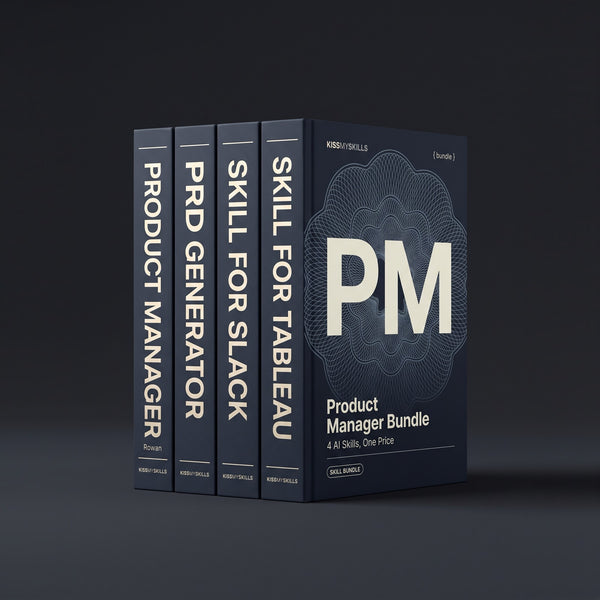 Product Manager Bundle by KissMySkills, hardcover volumes titled Product Manager, PRD Generator, Skill for Slack and Skill for Tableau