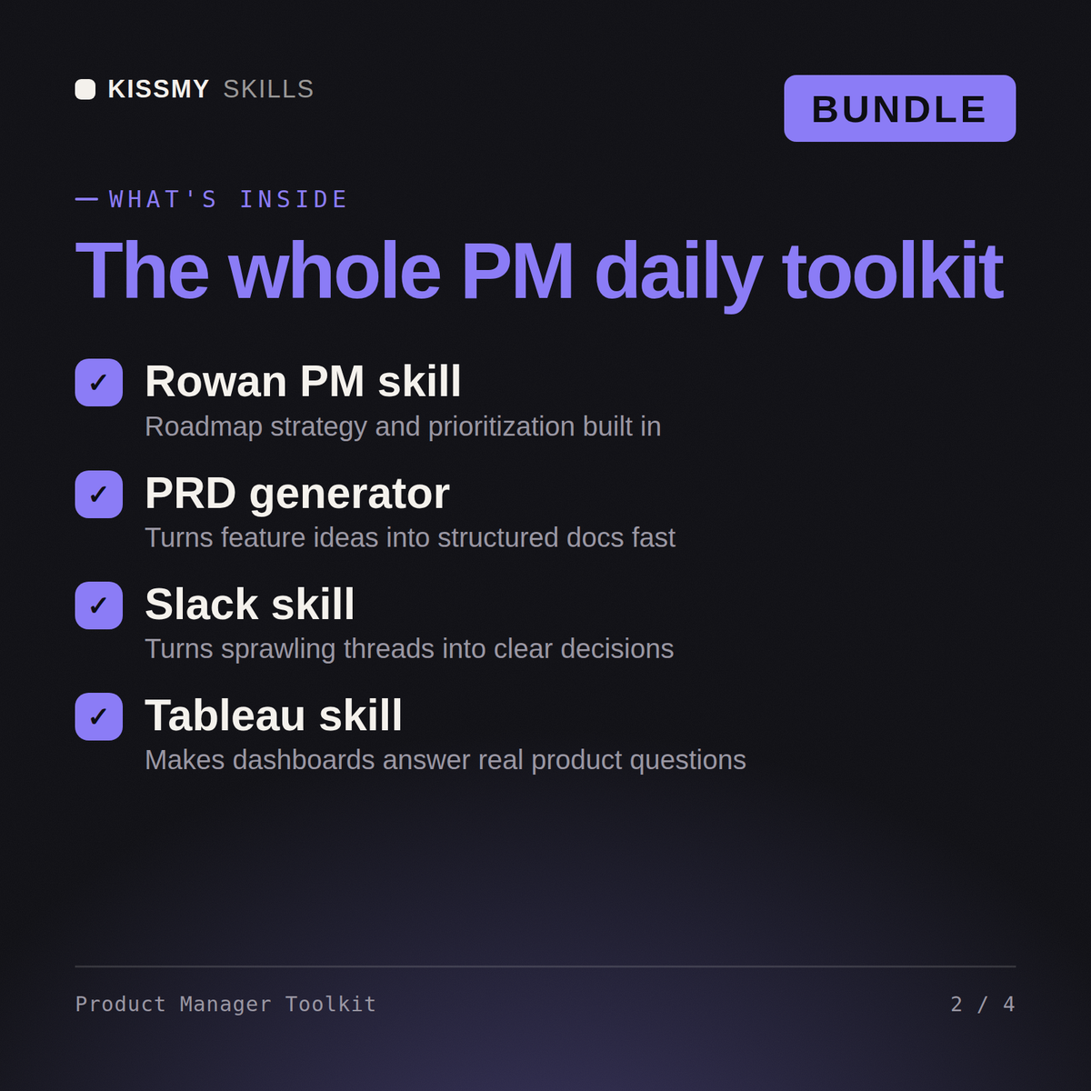 What's inside the Product Manager Toolkit AI bundle: Rowan PM skill, PRD generator, Slack skill, Tableau skill
