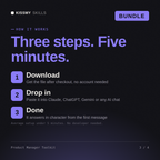 How the Product Manager Toolkit AI bundle works in three steps: download, drop it into your AI chat, done