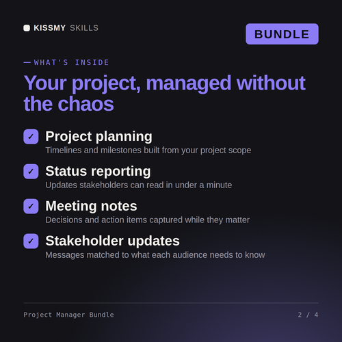 What's inside the Project Manager Bundle AI bundle: Project planning, Status reporting, Meeting notes, Stakeholder updates