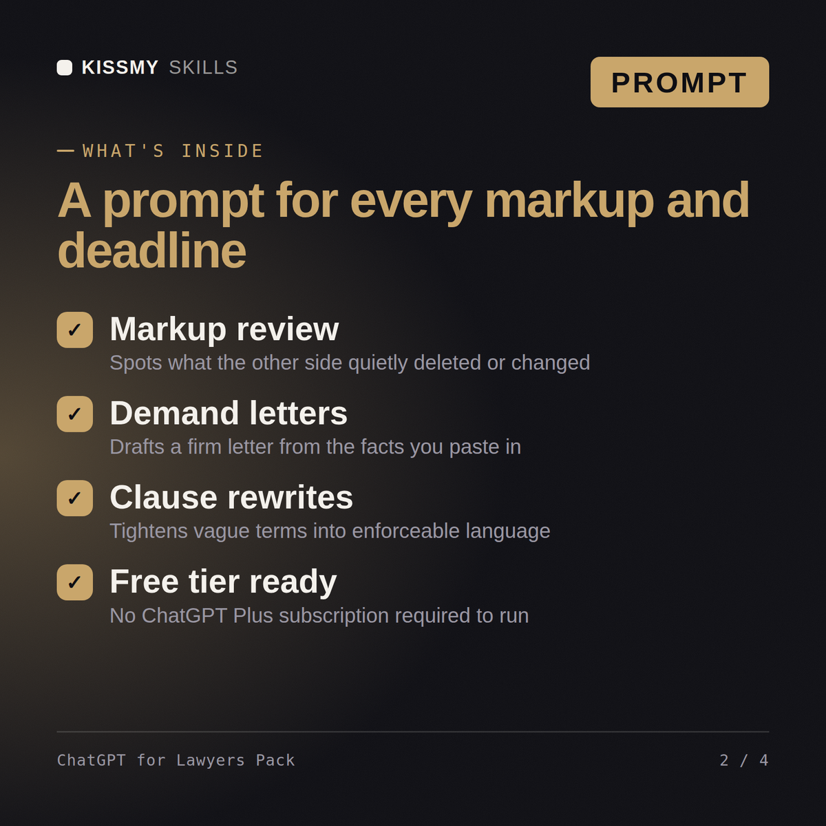 What's inside the ChatGPT for Lawyers Pack AI prompt: Markup review, Demand letters, Clause rewrites, Free tier ready