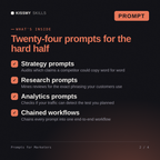 What's inside the Prompts for Marketers AI prompt: Strategy prompts, Research prompts, Analytics prompts, Chained workflows