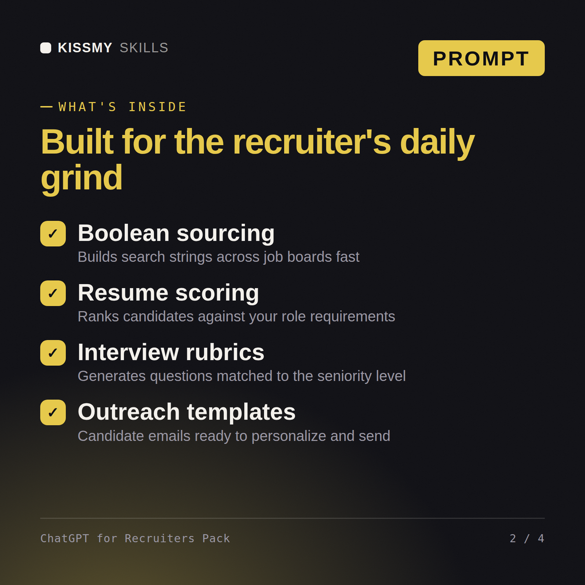 What's inside the ChatGPT for Recruiters Pack AI prompt: Boolean sourcing, Resume scoring, Interview rubrics, Outreach templates