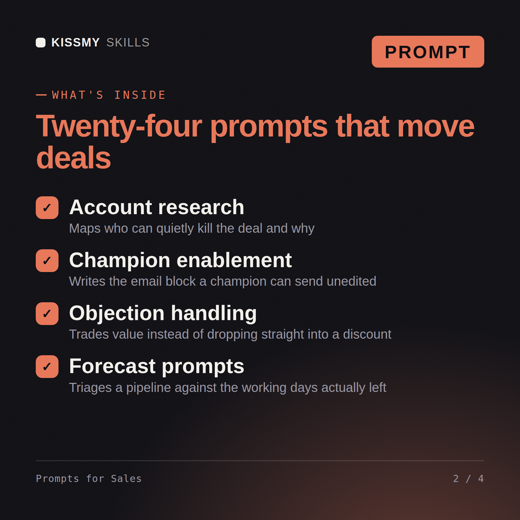 What's inside the Prompts for Sales AI prompt: Account research, Champion enablement, Objection handling, Forecast prompts